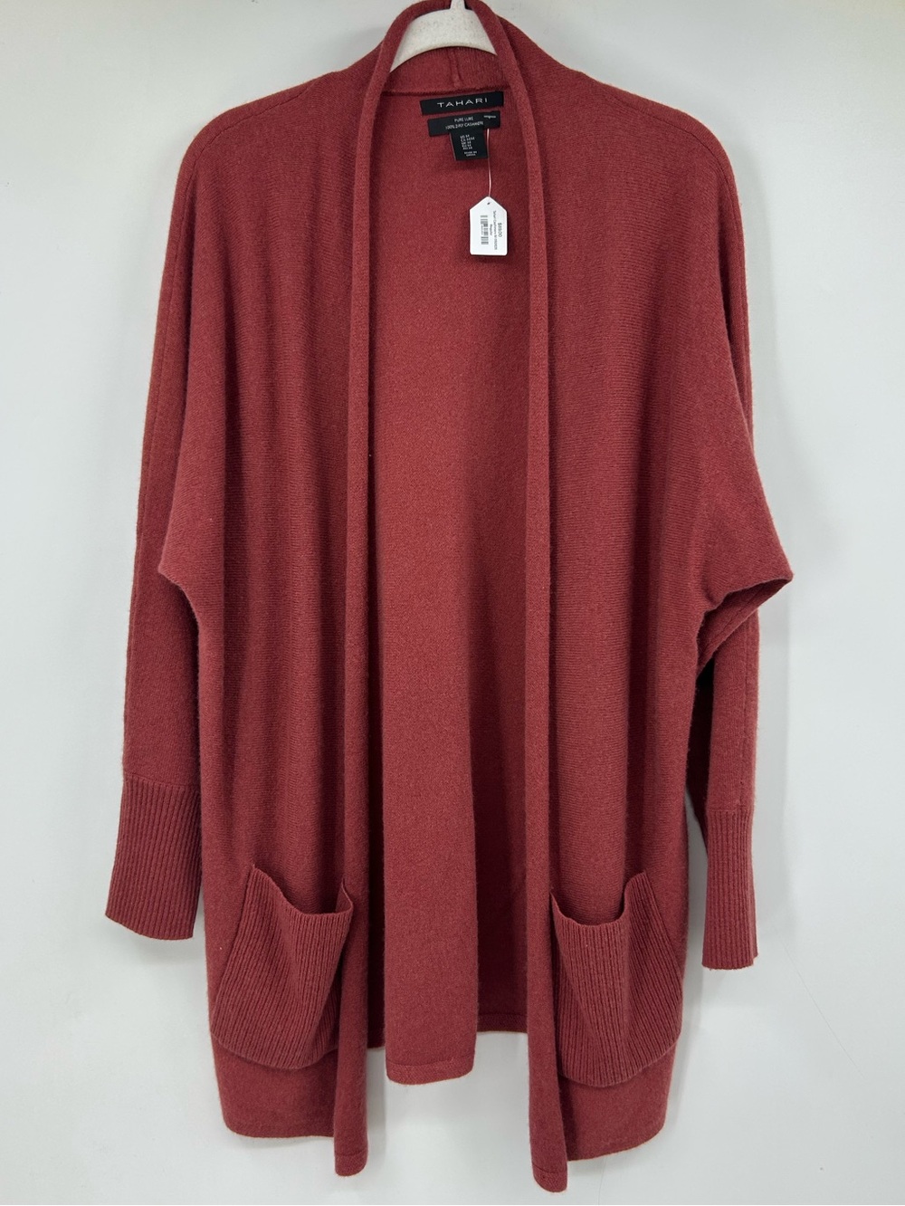 Tahari PURE LUXE 100% 2 Ply Cashmere Brown Brick Rust Long Cardigan Pocket M